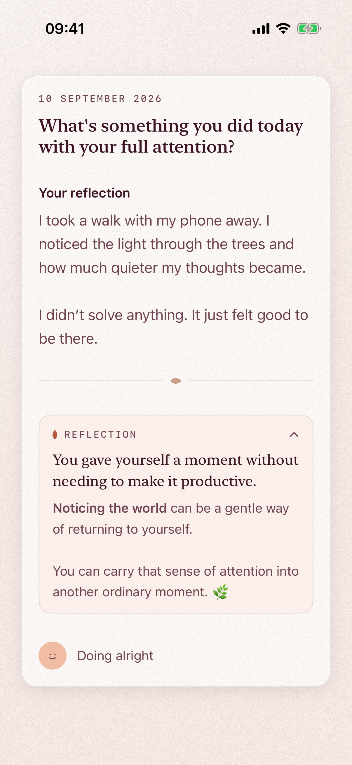 A saved entry opened in Your Space, with the short reflection Solace wrote beneath it.