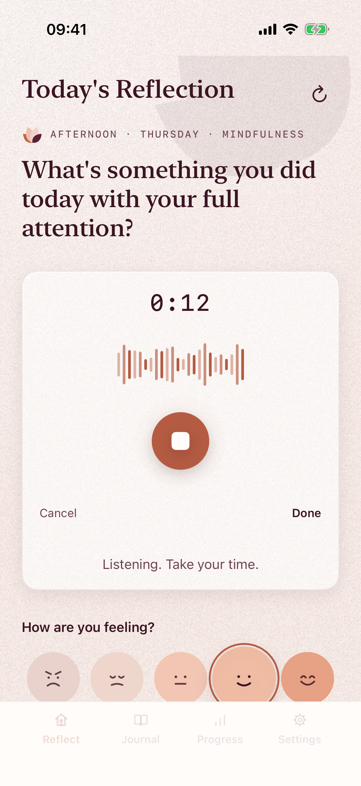 Recording an answer out loud: a timer, a waveform and the words Listening, take your time.